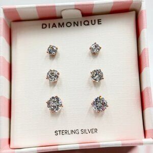 Diamonique Sterling Silver Roseclad Cubic Zirconia 3 SET Stud Earring